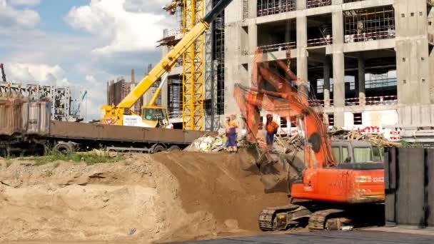 Timelapse Excavator Preparing Ground Carried Tipper Workers Control Sports Arena — Video Stock
