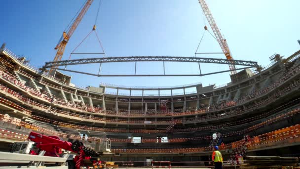 Timelapse Roof Frame Element Installation Builders Control Athletic Arena Construction — Stockvideo