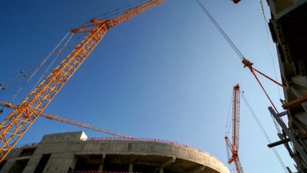 Timelapse High Tower Cranes Operating New Sports Stadium Construction Site — 비디오