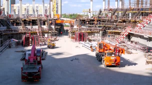 Timelapse Builders Modern Truck Cranes Working Open Construction Site Urban — Wideo stockowe
