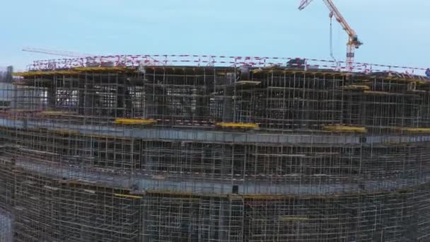 Future Sports Arena Scaffolds Tower Cranes Construction Site Aerial View — Video