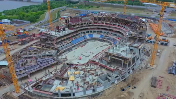 Sports Arena Tower Cranes Open Construction Site Highway Bird Eye — Stockvideo