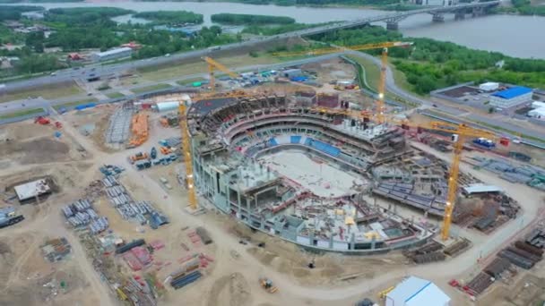 Sports Stadium Carcass Working Cranes Construction Site Riverbank Bird Eye — Vídeo de stock