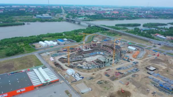 Construction Site Future Sports Arena Shopping Mall Riverbank Bird Eye — Vídeo de stock