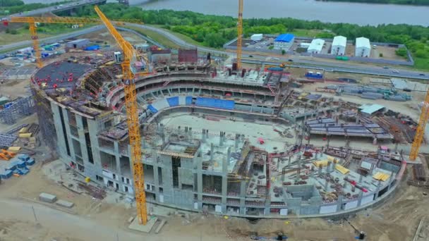 Sports Arena Concrete Carcass Tower Cranes Construction Site Highway Bird — kuvapankkivideo