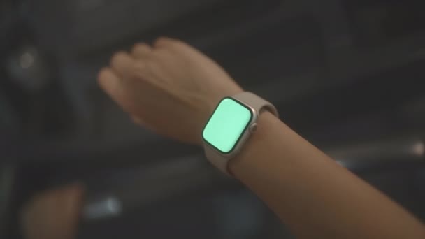 Woman Looks Smart Watch Blank Chromakey Display Training Gym Closeup — ストック動画