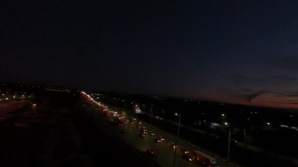 Heavy Traffic Highway Illuminated Contemporary Sports Stadium Building Night First — Vídeo de Stock