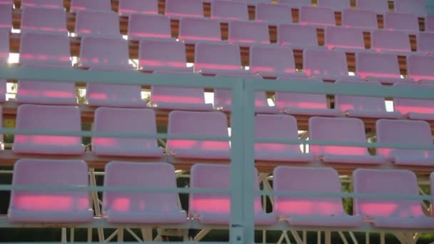 Football Stadium Purple Seats Location Filming Set Preparation Football Stadium — Stockvideo