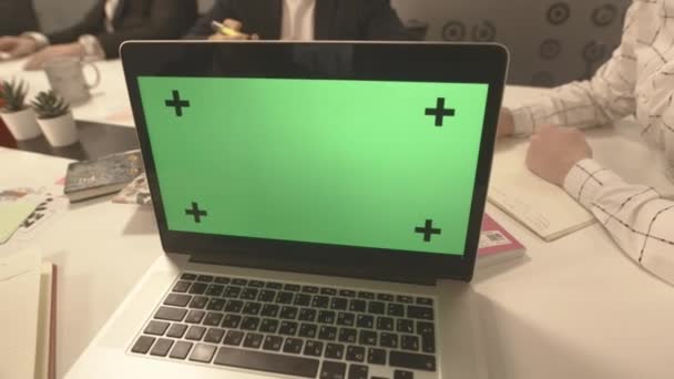 Almaty Kazakhstan December 2022 Open Laptop Green Chromakey Screen Stands — Stock video