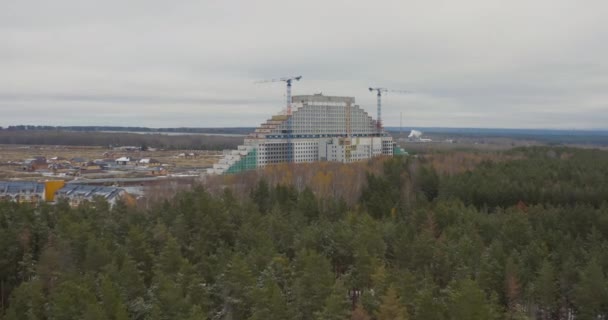 Forest Coniferous Trees Triangle Shaped Building Process Construction High Rise — Vídeo de stock
