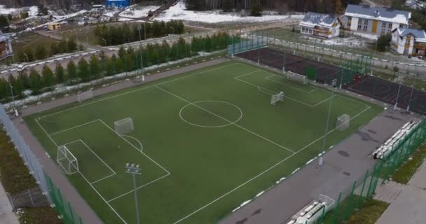 Big Soccer Stadium Built Cottage Village Coniferous Forest Marked Field — 图库视频影像