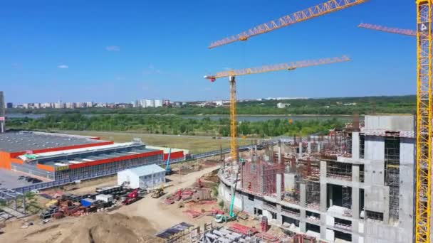 Big Cranes Installed Construction Site Athletic Arena Building Process Modern — ストック動画