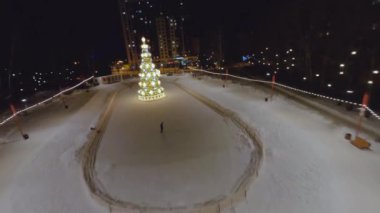 Christmas tree on skating rink filled with amused people enjoying holidays. Snowy park decorated with light illumination aerial view