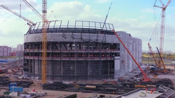 Big Arena Building Yellow Construction Cranes Equipment Roof Built Soccer — Video Stock
