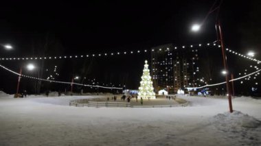 Parlak çelenklerle süslü Noel ağacının etrafında bir sürü insan paten pistinde. Park karla kaplı, bayram ruhunu çağrıştırıyor.