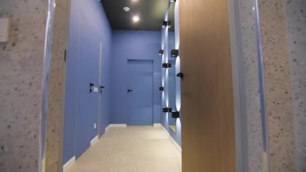 Led Illumination Mirror Blue Wall Empty Office Building Hall Futuristic — Wideo stockowe
