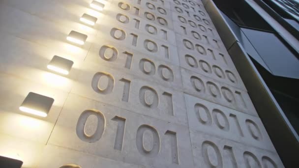 Engraved Binary Code Led Illumination Stone Facade Business Center Close — Stock Video