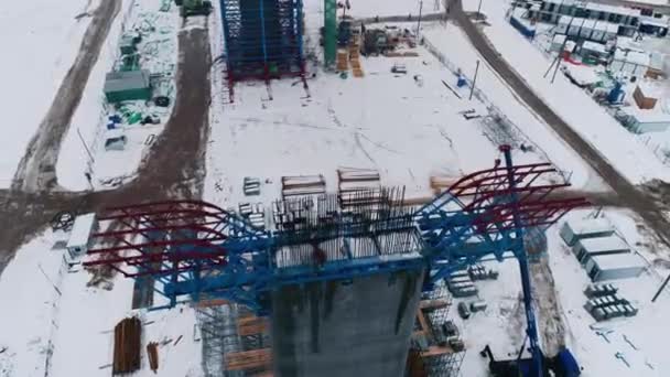 Cement Bridge Support Metal Frame Scaffolds Construction Site Winter Day — Stock Video