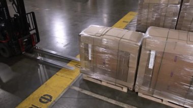 ALMATY, KAZAKHSTAN - 17 Nisan 2023: Yükleme kamyonu depoda çatallı karton kutularla paletleri alır. Makine fabrika deposunda çalışan kargoyu taşıyor.