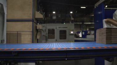 Bitki atölyesinde taşıyıcı bant ile taşınan katlanmış karton kutular. Çağdaş fabrikadaki karton konteynırlar üretim tesisi