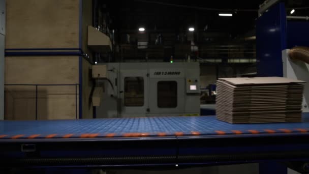 Kotak Kardus Lipat Menumpuk Pada Ban Berjalan Bengkel Pabrik Manufaktur — Stok Video