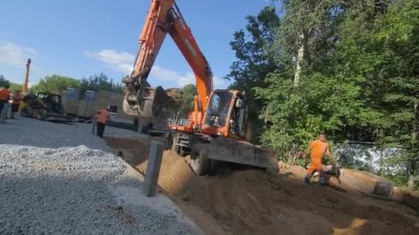 Almaty Kazakhstan May 2023 Modern Bulldozer Transports Sand Bucket Another — Stock Video