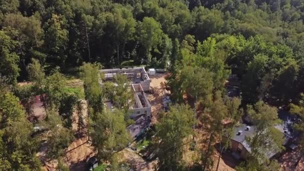 Building Carcass Roof Green Forest Bird Eye View Architectural Project — Stock Video