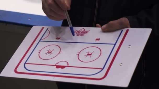 Professionell Tränare Förklarar Taktik Hockey Mästerskap Spel Till Lagspelare Skicklig — Stockvideo