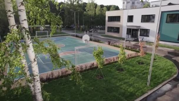 Nieuw Kleurrijk Sportveld Het Grondgebied Van Onderwijsinstelling Groene Gazon Bomen — Stockvideo