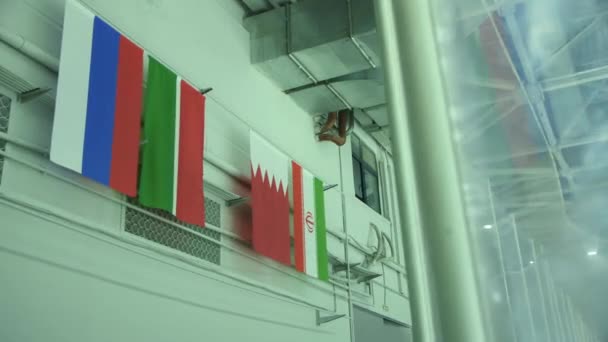 Флаги Стран Участниц Чемпионатов Мира Хоккею Флаги Выставленные Арене Проведения — стоковое видео