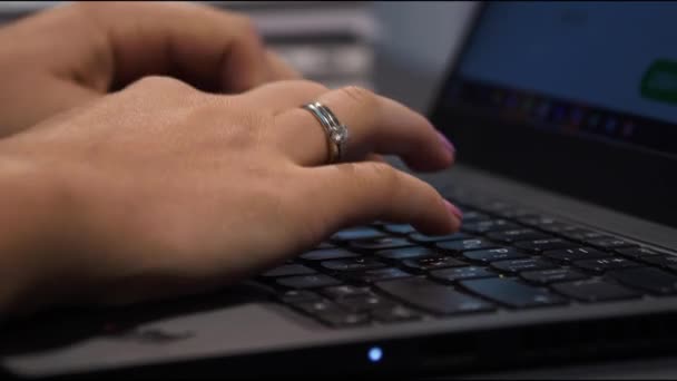 Woman Types Laptop Keyboard Workplace Closeup Blogger Writes Article Online — Stock Video