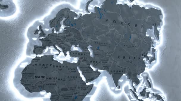 Mappa Del Mondo Legno Con Illuminazione Grigia Sulla Parete Dell — Video Stock