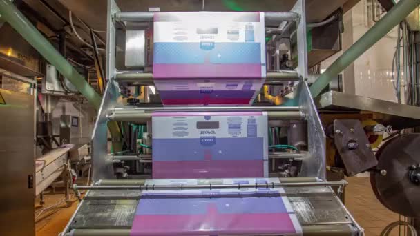印刷機はローラーを回転させ ポスターを作り出します 印刷機は労働者の指導の時間の損失の下で原料のための包装を作成します — ストック動画