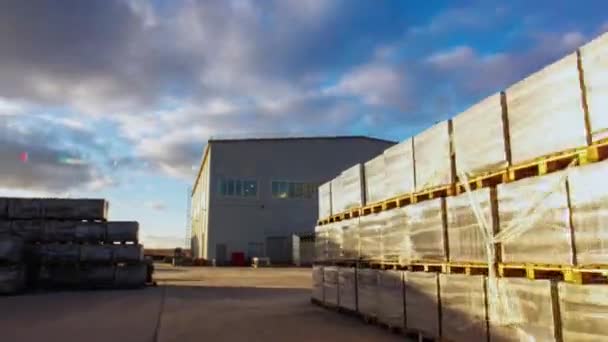オープンゾーンを持つ巨大な生産プラント倉庫 曇った昼の時間の破損の倉庫の庭のパレットの完成した包装プロダクトのブロック — ストック動画