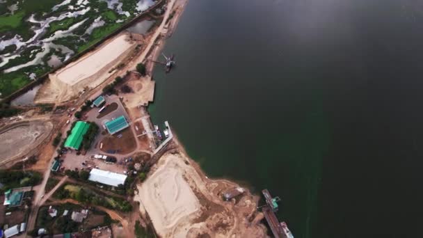 Sand Washing Pit Drag Line Crane River Water Bird Eye — Stok Video