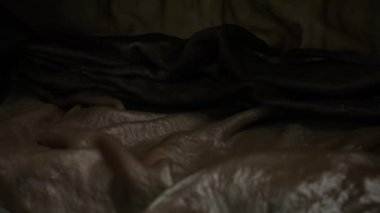 Crumpled sheets of polymer fiber closeup. Innovative synthetic fiber material for different purposes as background. Sewing industry