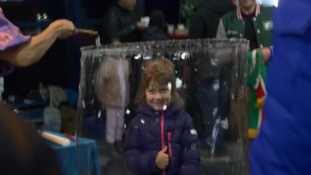 Almaty Kazakhstan December 2023 Little Girl Stands Soap Bubble Surrounding — Stockvideo