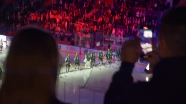 Almaty Kazakhstan December 2023 Fans Film Hockey Game Start Tribune — Vídeos de Stock