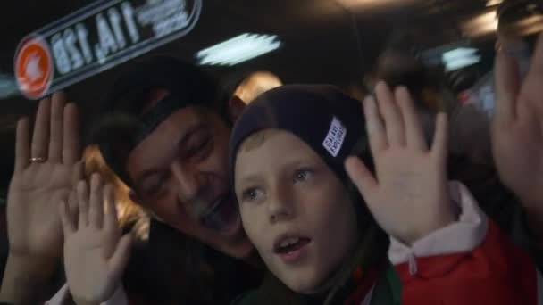 Almaty Kazakhstan December 2023 Schoolboy Father Supports Hockey Players Enclosure — стокове відео