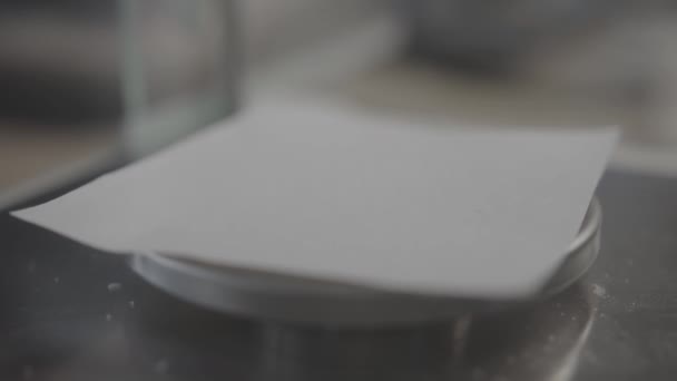 White Powder Pouring Paper Sheet Laboratory Closeup Testing Dry Material — Vídeo de Stock