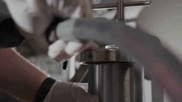 Worker Puts Metal Lid Connected Pipe Screws Clamp Closeup Employee — 图库视频影像