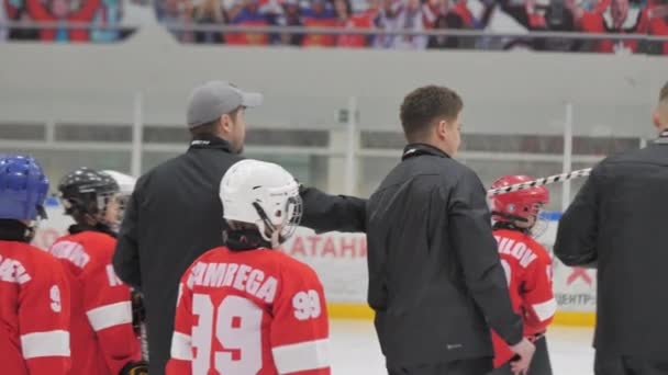 Professional Team Young Hockey Players Ice Arena Coach Explains Game — Stockvideo