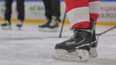 Hockey player stands on ice in professional skates with team. Children communicate with each other prior to start training session on rink