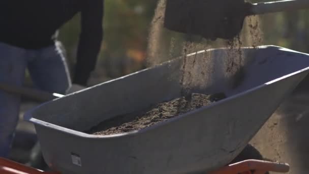 Almaty Kazakhstan Αυγουστου 2023 Εργάτες Ρίχνουν Χώμα Στο Καλάθι Σκάβοντας — Αρχείο Βίντεο