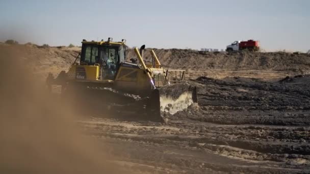 Almaty Kazakhstan August 2023 Bulldozer Levels Ground Drained Lake Site — Stock Video