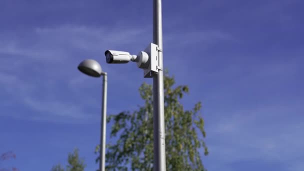 Camera Mounted Streetlight Records Activities Park Contemporary Surveillance Camera Helps — Stock Video