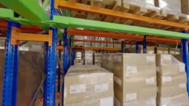 Karton paketlerle dolu sıra sıra çelik raflarda ilerliyoruz. Kartonları depolama önermesinde muhafaza ediyorum. Sanayi deposu