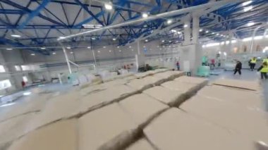İşçiler kağıt fabrikasındaki endüstriyel alandaki malzemeleri değerlendirir. Ambalaj oluşturmak için bitmiş ürünleri ve makineleri depolamak ve kağıt işlemek