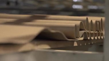 Tamamlanmış karton ağ taşıyıcıda dengeleniyor. Özel mekanizma, ödeşmek ve son ürünü pürüzsüz hale getirmek için gerekli koşulları oluşturur