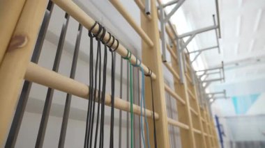 Duvar merdiveni, kompakt spor salonunda fiziksel egzersizler için kullanılan asma iplerini destekler. Parlak renkler atletizm alanının görsel enerjisini artırır